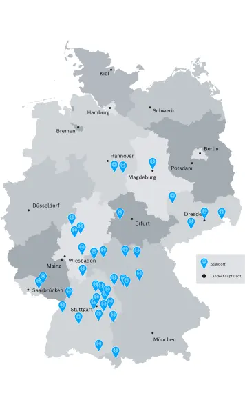 Landkarte mit Ausbildungsstandorten in Deutschland