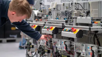 Ein Auszubildender in Arbeitskleidung bedient eine technische Anlage mit zahlreichen Schalt- und Bedienelementen sowie Verkabelungen. 