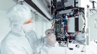 Person in weißem Schutzanzug arbeitet an einer elektronischer Baugruppe.