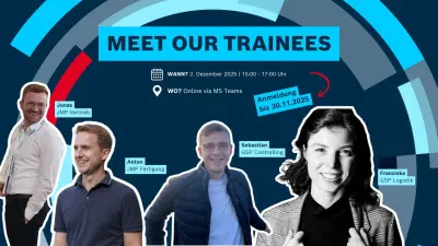 Schriftzug „Meet Our Trainees“ und vier Personen: Jonas – JMP Vertrieb, Anton – JMP Fertigung, Sebastian – GSP Controlling, Franziska – GSP Logistik
