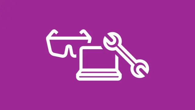 Icon für Arbeitsplatz und Ausstattung: Schutzbrille, Laptop und Schraubenschlüssel auf violettem Hintergrund.