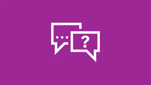 Icon für Beratung und Unterstützung: zwei Sprechblasen mit Punkten und Fragezeichen auf violettem Hintergrund.