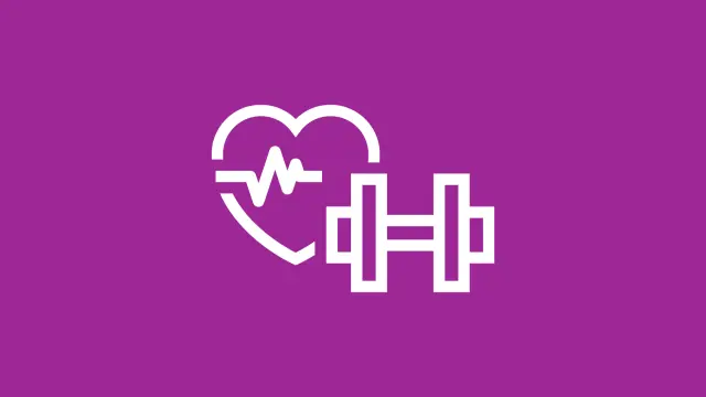 Icon für Gesundheit und Fitness: Herz mit Puls und Hantel auf violettem Hintergrund.
