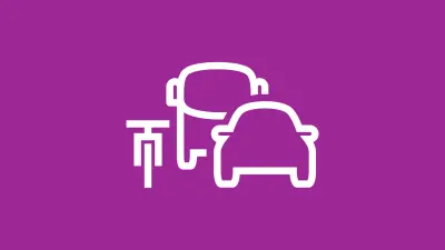 Icon für Mobilität und Parken: Fahrrad, Auto und Bus auf violettem Hintergrund.