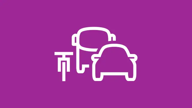 Icon für Mobilität und Parken: Fahrrad, Auto und Bus auf violettem Hintergrund.