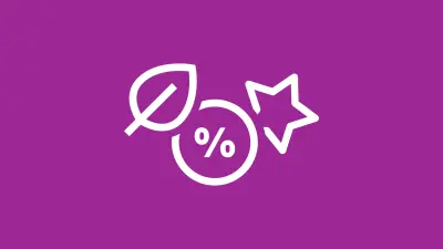 Icon für Specials: Blatt, Stern und Prozentzeichen auf violettem Hintergrund.