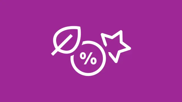 Icon für Specials: Blatt, Stern und Prozentzeichen auf violettem Hintergrund.