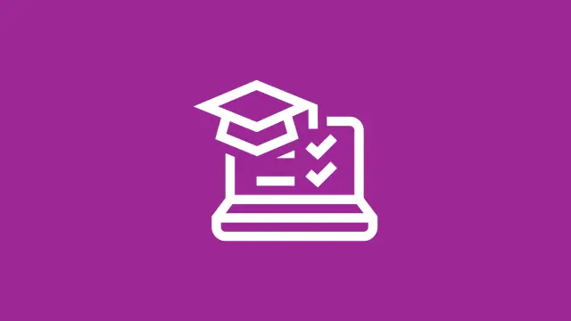 Icon für Weiterbildung: Laptop mit Checklisten und Doktorhut auf violettem Hintergrund.