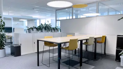 Ein langer Tisch mit sechs Stühlen in einer gut beleuchteten Büroumgebung bietet Platz für Besprechungen.